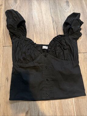 With Jean Black Puff Sleeve Button-Front Crop Top by